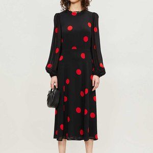 Reformation Luanne Midi Dress Black Red Polka Dots